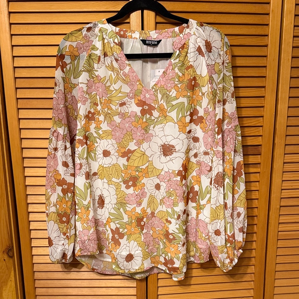 Bryn Floral V-Neck Blouse - Pink, White, Green